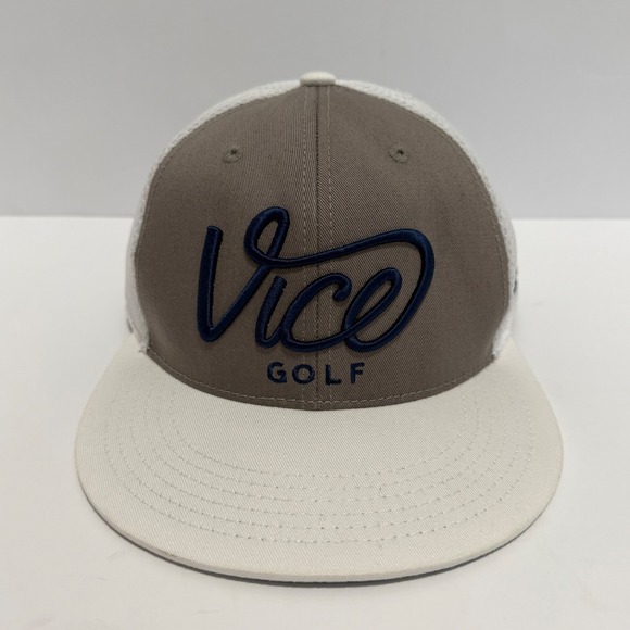 Vice Golf Flat Brim Trucker Hat White Mesh Brown Logo Squad - Picture 2 of 8